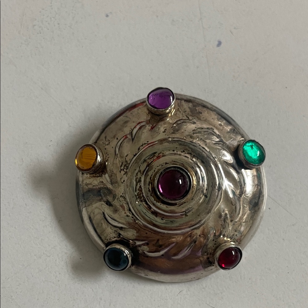 Source Unknown Multicolor Cabochon Silver-Tone Round Brooch